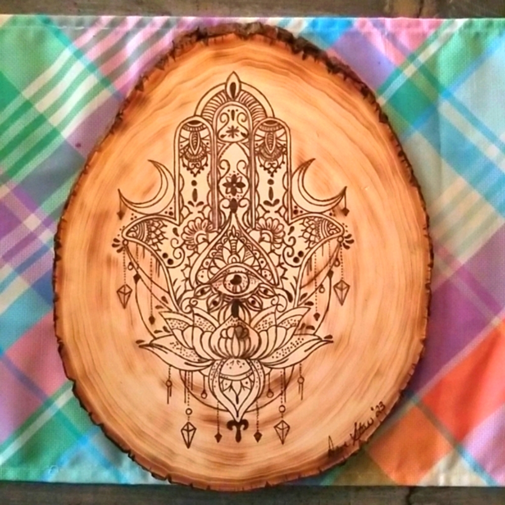 Handmade woodburned Hamsa plaque